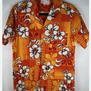 Rare Vtg Orange Royal Hawaiian Floral Bark Cloth Shirt Mens M Hibiscus GVH Loop